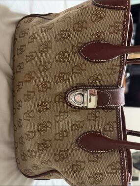Dooney & Bourke Brown Logo-Print Canvas Tote with Dark Brown Leather Trim